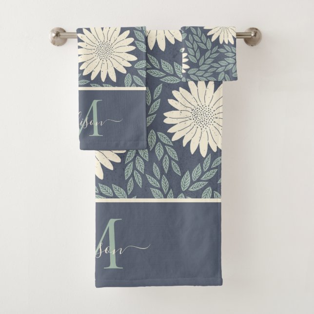 Joli Floral Navy Bleu Vert Blanc Feuillage Monogra (En situation)