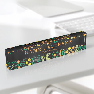 Joli Floral Personnalisé Titre Noir Bureau Plaque
