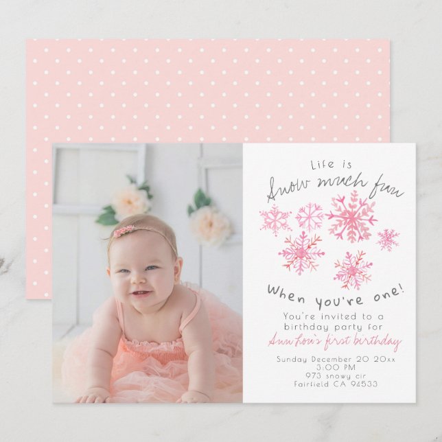 Joli hiver Flacon rose 1er anniversaire invitation (Devant / Derrière)