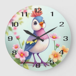 Joli Horloge Murale Fleurie Oiseau Bleu Rose