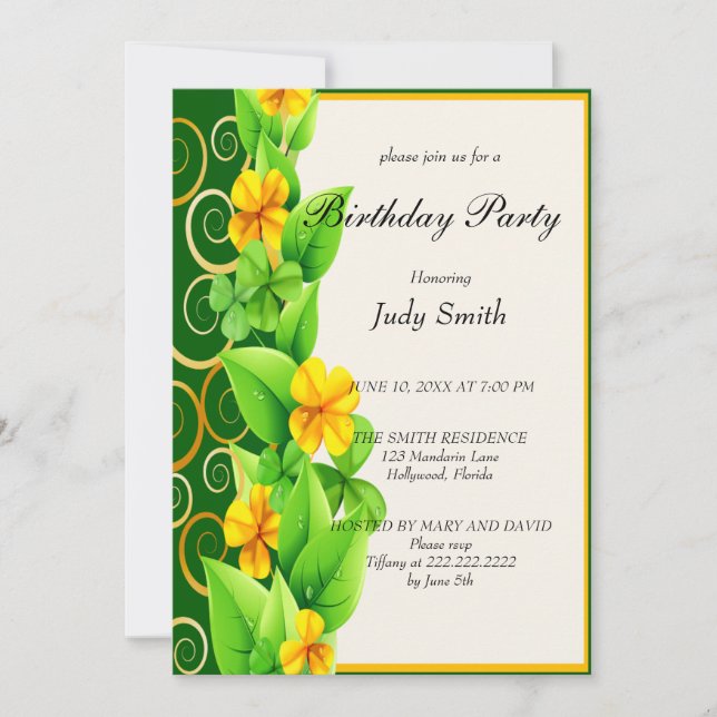 Joli Jaune Floral Invitation Anniversaire (Devant)
