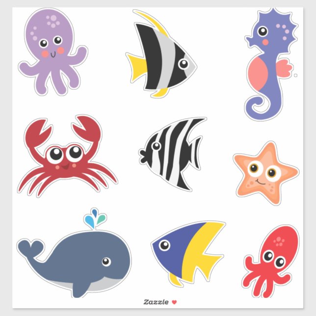 Joli jeu de stickers sous les créatures marines (Feuille)