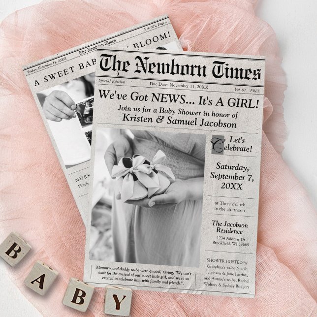 Joli journal Photo Girl Baby shower Invitation (Cute & unique The Newborn Times newspaper photo baby girl shower invitation, got news, baby in bloom)