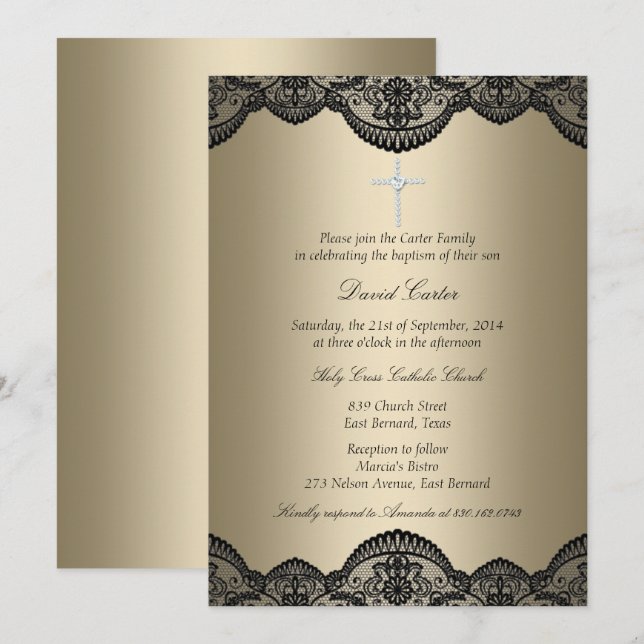 Joli Lace Cross Gold Baptism Invitation (Devant / Derrière)