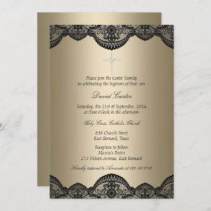 Joli Lace Cross Gold Baptism Invitation