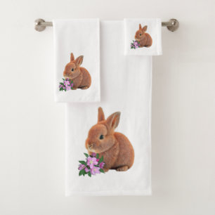 Joli lapin brun et fleurs de pommier sur fond blan