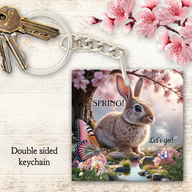 Joli lapin de printemps papillon nature (Butterfly and bunny spring keychain celebrating nature with cherry blossoms)