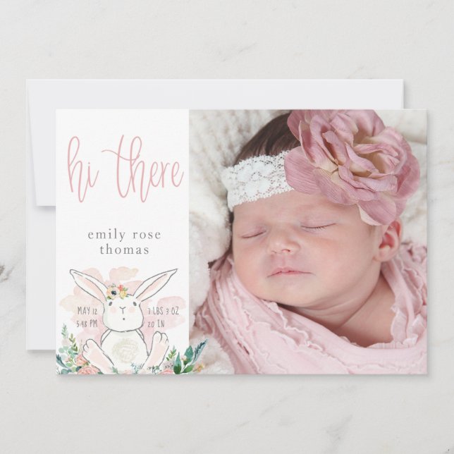 Joli lapin Floral Baby Girl Faire-part de naissanc (Devant)