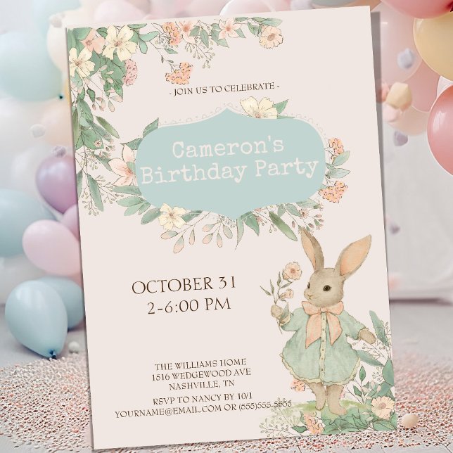 Joli Lapin Floral Invitation Anniversaire (Créateur téléchargé)