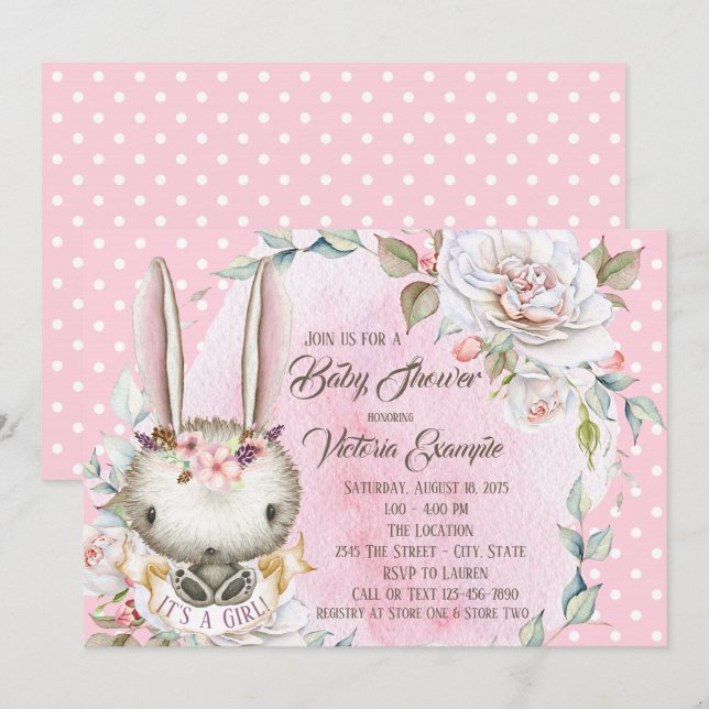 Joli lapin rose lapin Baby Douche Invitations (Devant / Derrière)