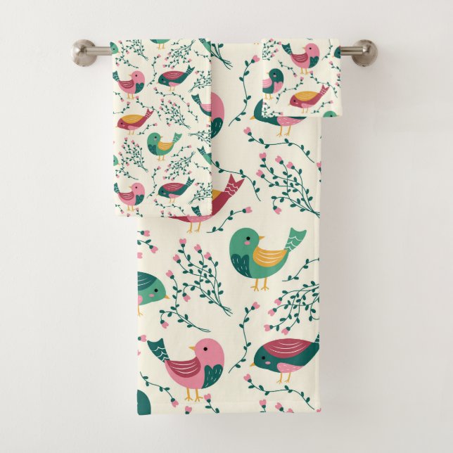 Joli Motif botanique aux oiseaux roses et verts (En situation)