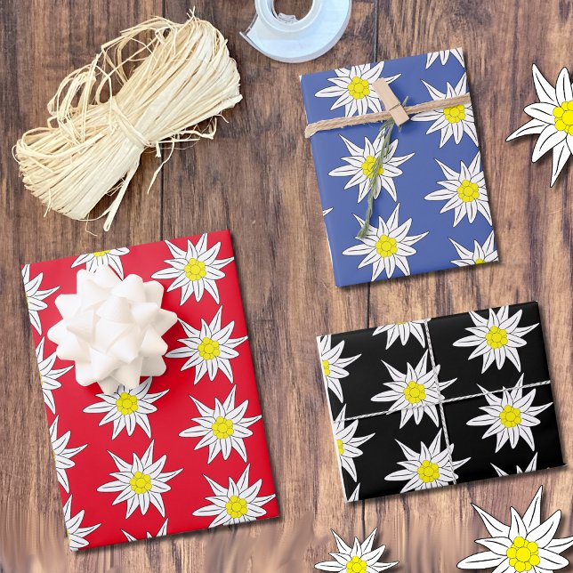 Joli motif edelweiss feuilles papier d'emballage (This pretty edelweiss pattern wrapping paper comes in 3 colors : red , blue and black .)