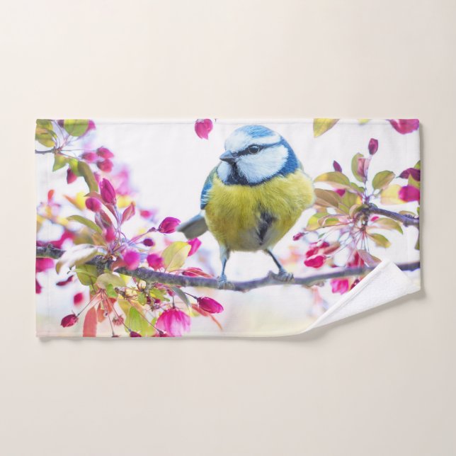 Joli oiseau bleu et jaune sur une branche Photogra (Serviette à main)
