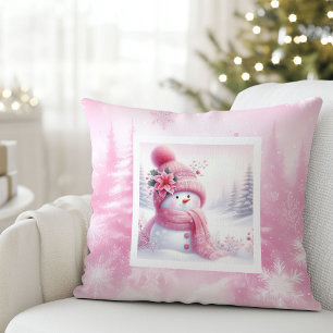 Joli oreiller de Noël bonhomme de neige rose Cadea