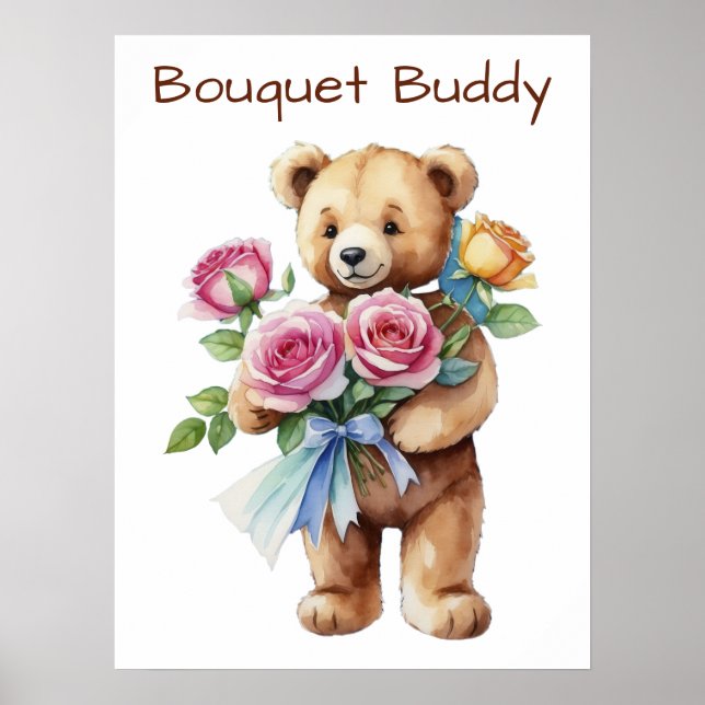 Joli ours en peluche avec affiche de bouquet de fl (Devant)
