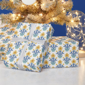 Joli papier cadeau floral jaune et bleu