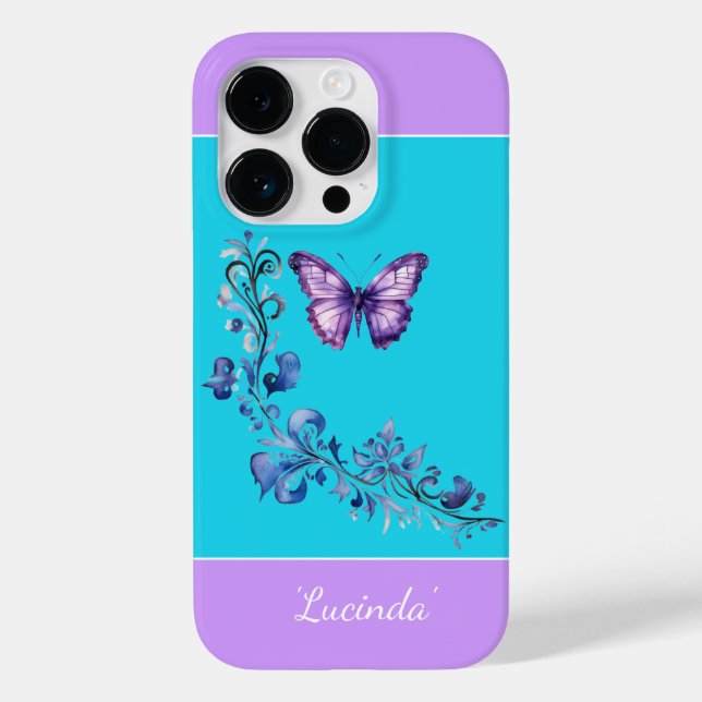 Joli papillon violet Scroll iPhone 14 Pro Coque (Verso)