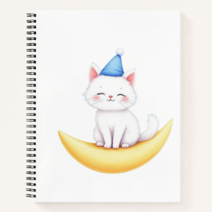 Joli petit chaton blanc sur un cahier spiralé lune