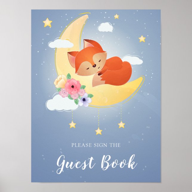 Joli petit renard sur la lune livre d'or Affiche (Devant)