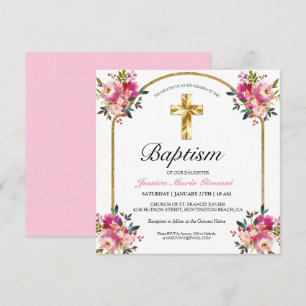 Joli PInk Floral Gold Cross Baptism Invitation