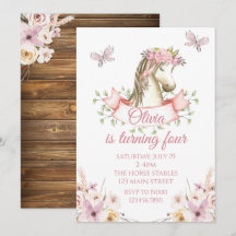 Joli poney invitation anniversaire fleuri boho che
