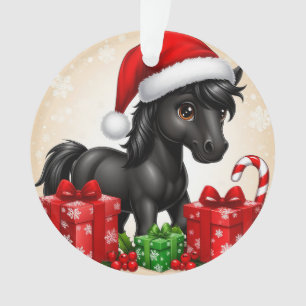 Joli poney noir avec chapeau de Père Noël