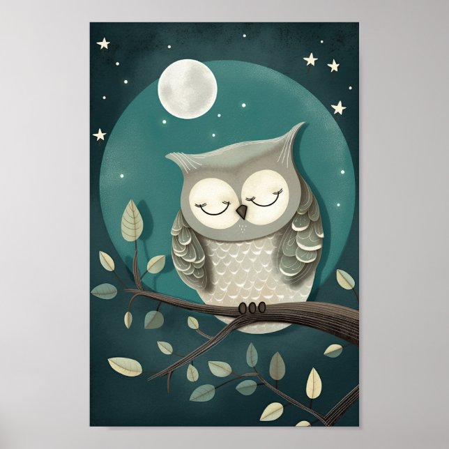 Joli poster d'un hibou dormant sous la Lune et les (Devant)