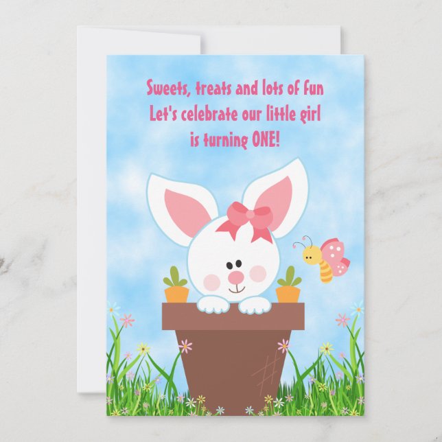 Joli Pot Fleur Bunny 1er Anniversaire Invitations (Devant)