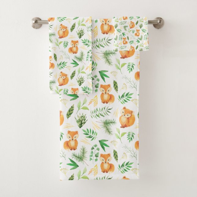 Joli renard d'aquarelle et Feuilles verts (En situation)