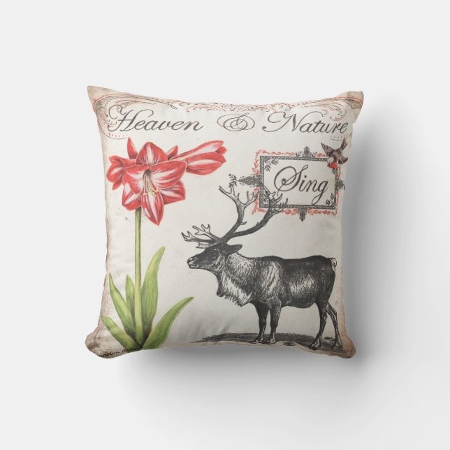 Joli renne de Noël, oiseau, coussin Amaryllis (Recto)