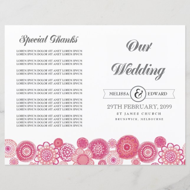 Joli rose Fleurs Florales Programme de mariage Liv (Devant)