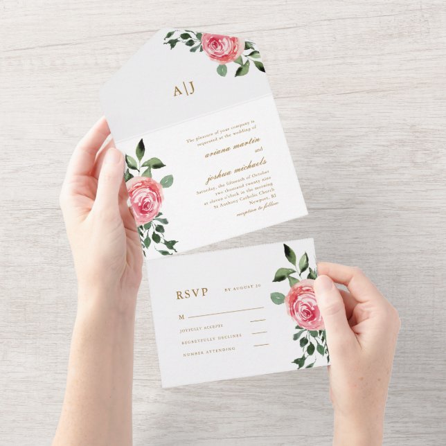 Joli rose Roses Mariage Tout en une invitation (Déchirure)