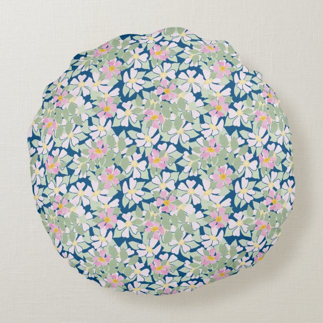Joli Roses de chien rose sur le Coussin rond bleu  (Dos)