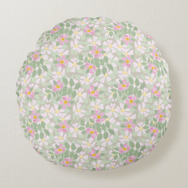 Joli Roses de chien rose sur Taupe Coussin rond (Devant)