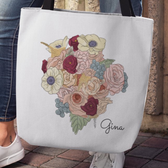 Joli Sac fourre-tout de carrosserie de bouquet de  (Wildflower and rose bouquet customizable name tote bag)