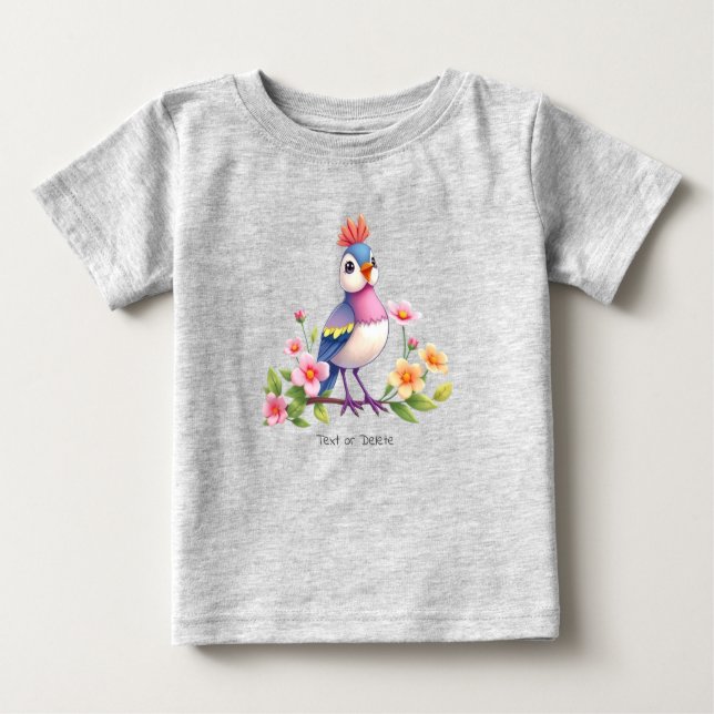 Joli T-Shirt Bébé Fleur Oiseau Rose Bleu (Devant)