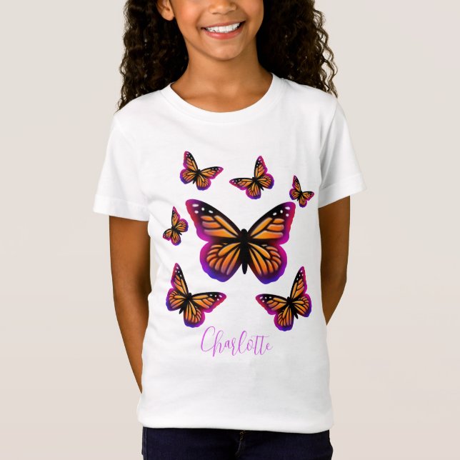 Joli t-shirt bleu rose orangé papillons (Devant)