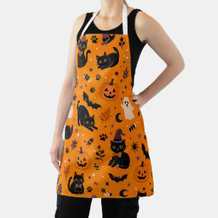 Joli tablier orange Halloween avec chat noir migno