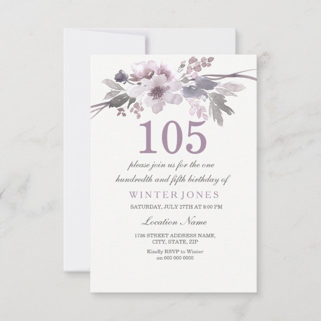 Joli Violet Floral 105e anniversaire Invitation de (Devant)
