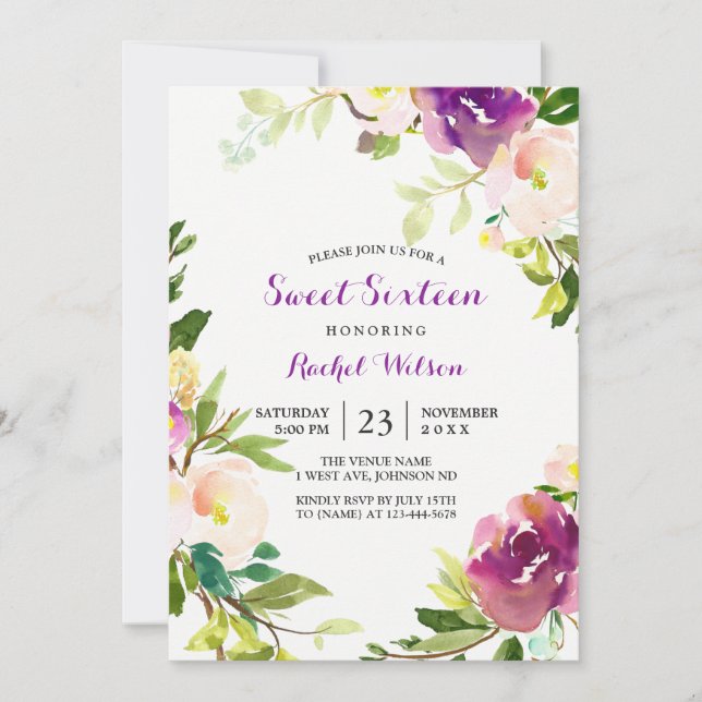 Joli violet Floral Sweet 16 Invitation (Devant)