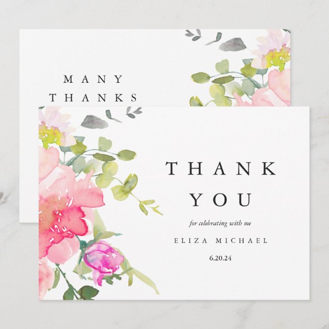Jolie aquarelle Fleurs Baby shower Merci (Devant / Derrière)
