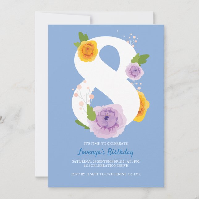 Jolie aquarelle Floral 8e anniversaire Invitation  (Devant)