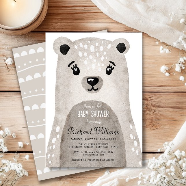 Jolie aquarelle ours garçon baby shower invitation (Cute beige watercolor boho bear baby shower invitation)
