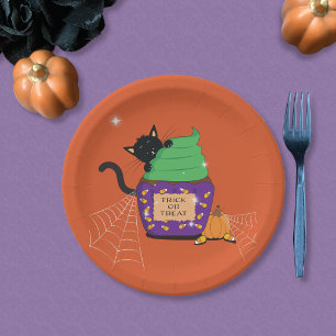 Jolie assiette en papier orange Halloween chat noi