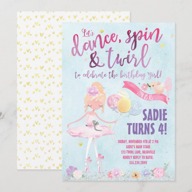 Jolie Ballerina Anniversaire Fête Invitation (Devant / Derrière)