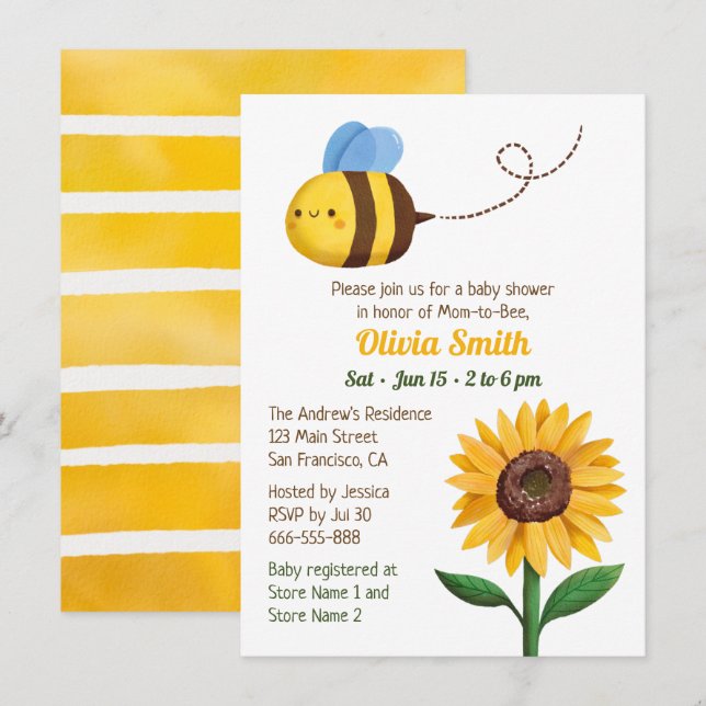 Jolie Bee Et Tournesol Bébé Douche Invitations (Devant / Derrière)