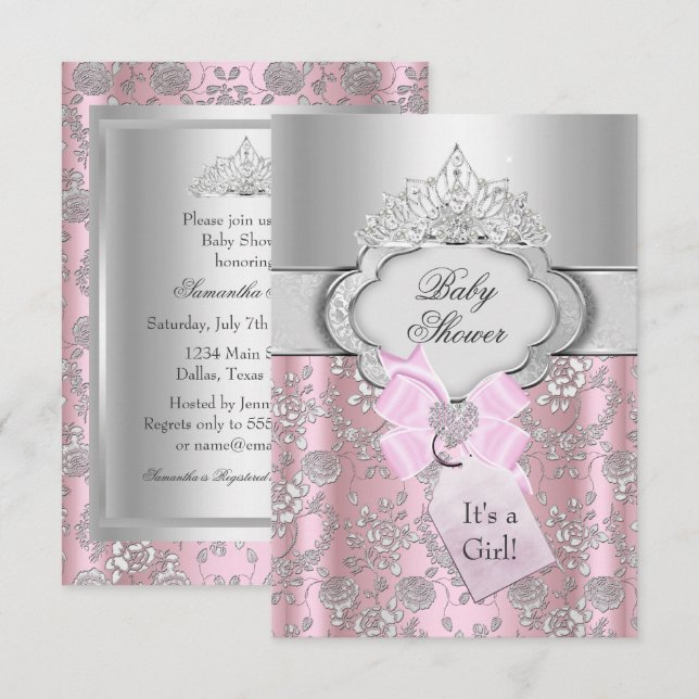 Jolie Bow & Tiara Princess Baby shower Invitation (Devant / Derrière)