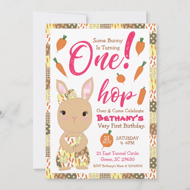 Jolie Bunny Invitation Anniversaire Pour Fille (Devant)