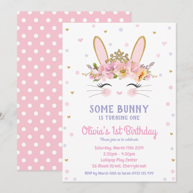 Jolie Bunny Invitations Anniversaire Filles Lapin (Devant / Derrière)