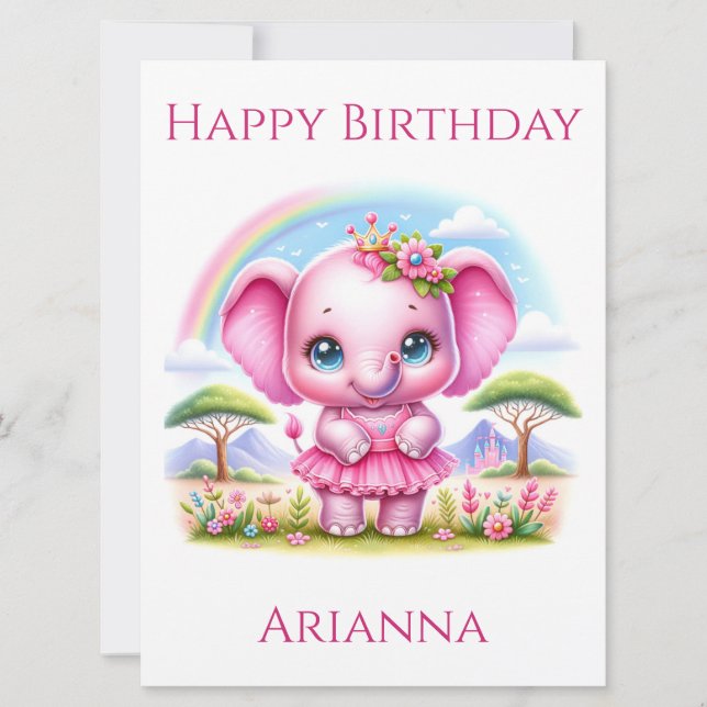 Jolie carte d'anniversaire d'éléphant rose (Devant)